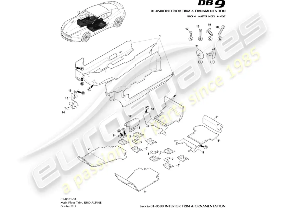 aston martin db9 (2014) moldura del piso principal, derecha, alpine diagrama de piezas