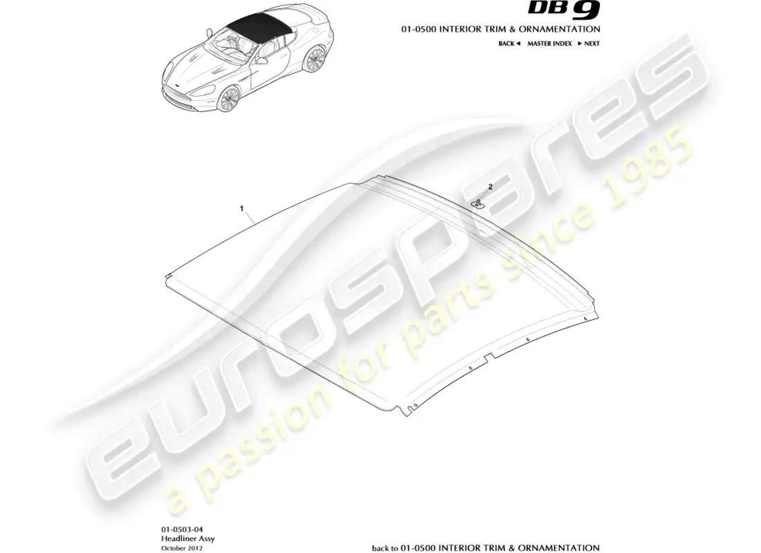 aston martin db9 (2014) montaje del techo diagrama de piezas
