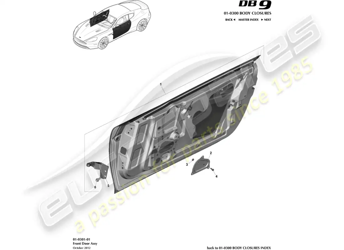 aston martin db9 (2014) montaje de la puerta principal diagrama de piezas