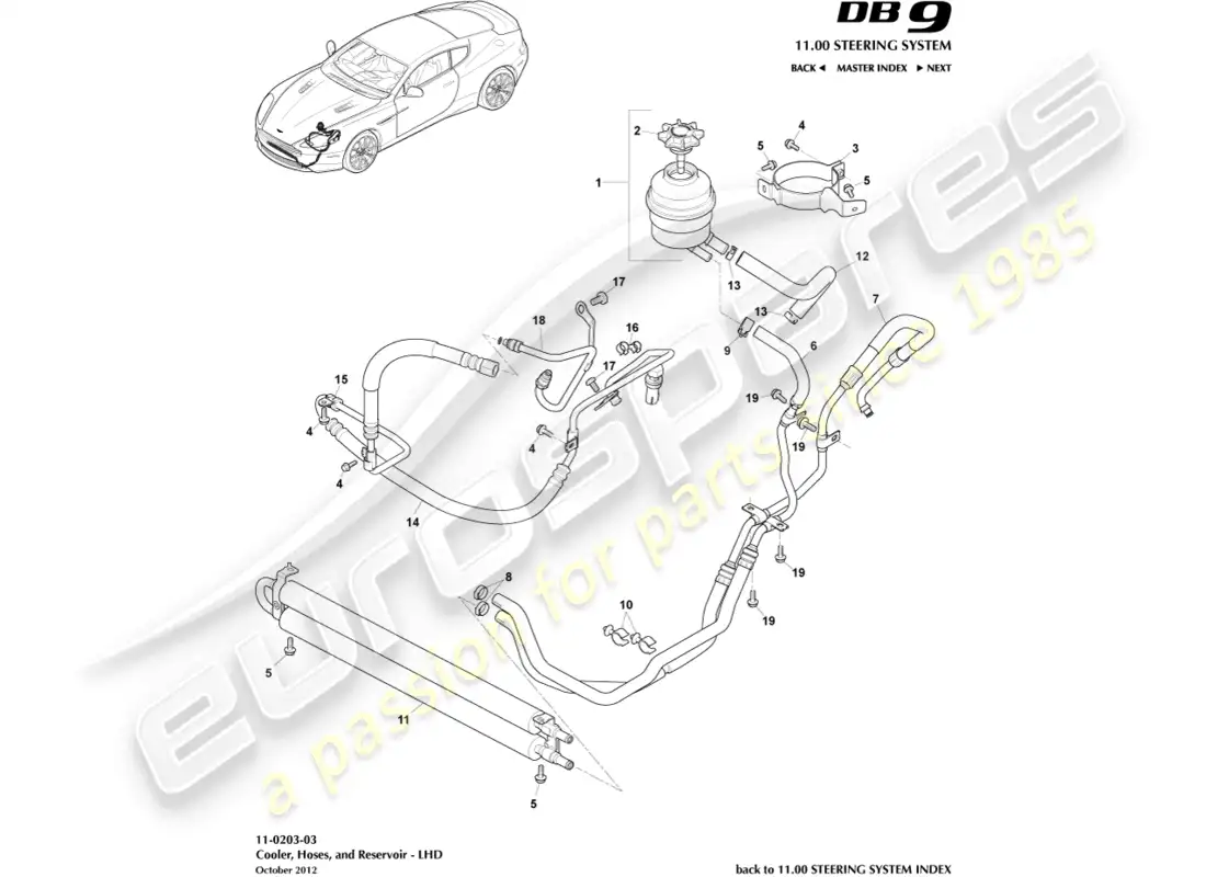 aston martin db9 (2013) mangueras pas, volante a la izquierda diagrama de piezas