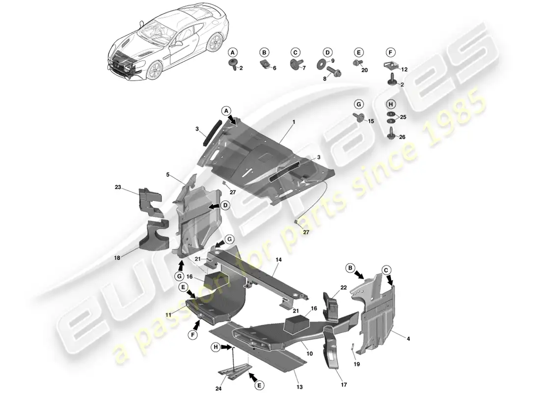 aston martin vanquish (2013) panel de apertura de rejilla diagrama de piezas