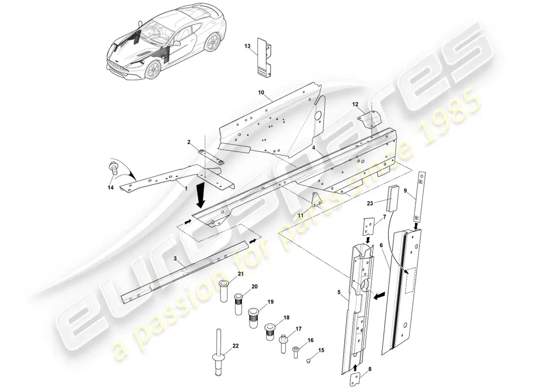 aston martin vanquish (2013) estructura de carrocería, delantera diagrama de piezas