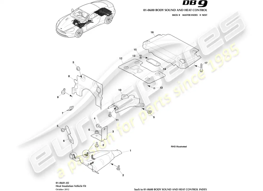 aston martin db9 (2016) aislamiento térmico, ajuste del vehículo diagrama de piezas