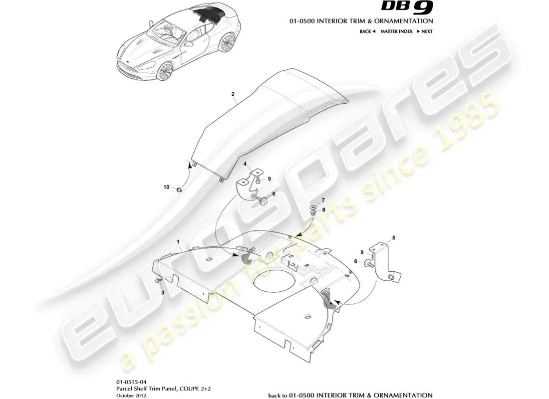 aston martin db9 (2014) panel embellecedor de estante para paquetes, 2+2 cupé diagrama de piezas