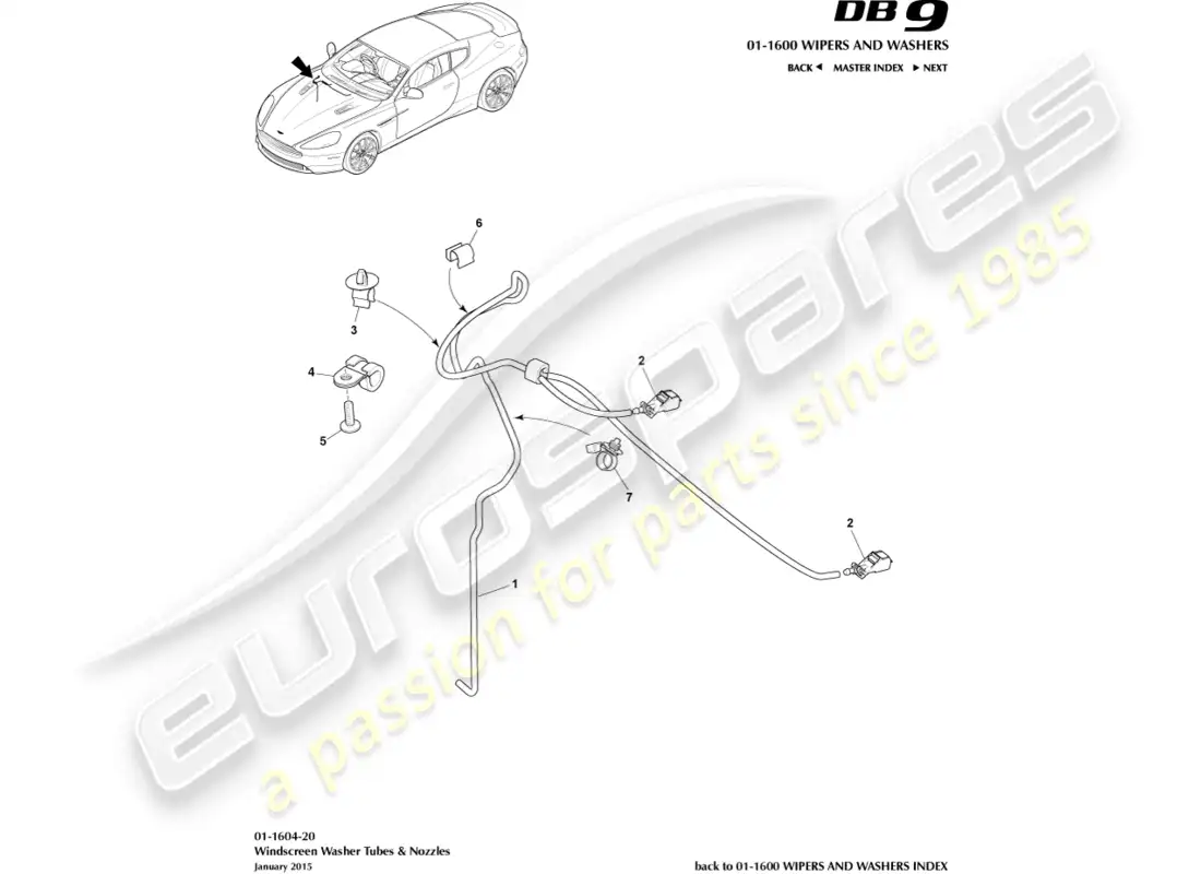 aston martin db9 (2016) lavado de parabrisas diagrama de piezas