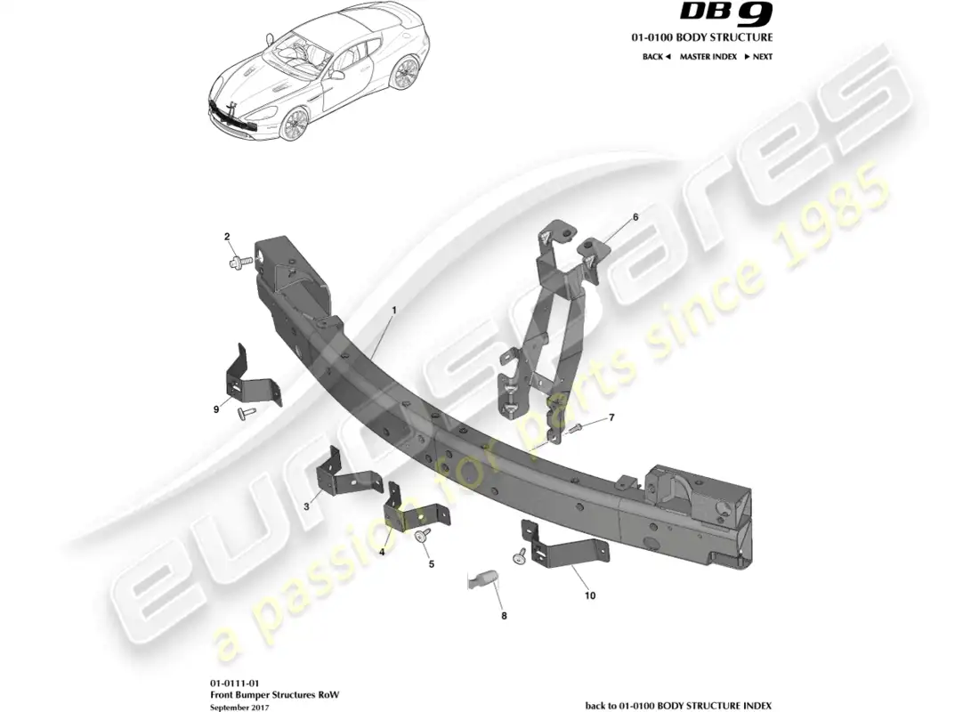 aston martin db9 (2014) estructura del parachoques delantero, derecho de vía diagrama de piezas