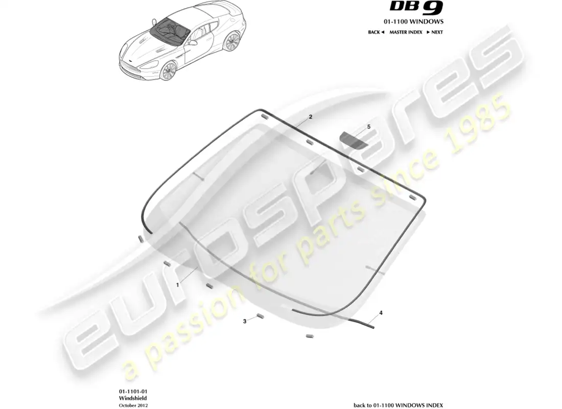 aston martin db9 (2014) parabrisas diagrama de piezas
