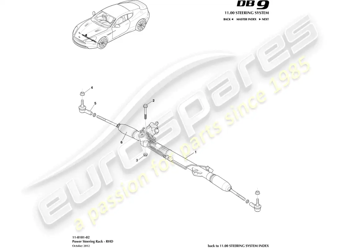 aston martin db9 (2013) cremallera de dirección, lado derecho diagrama de piezas
