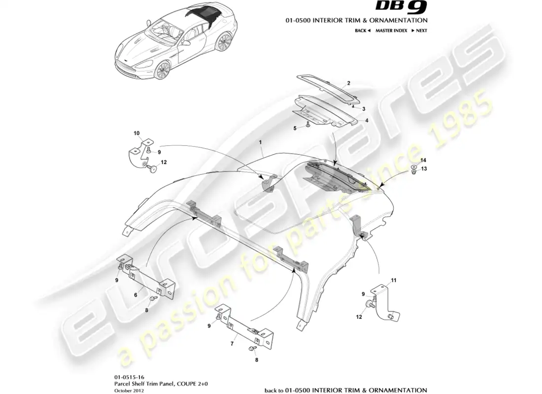 aston martin db9 (2014) panel embellecedor de estante para paquetes, 2+0 cupé diagrama de piezas