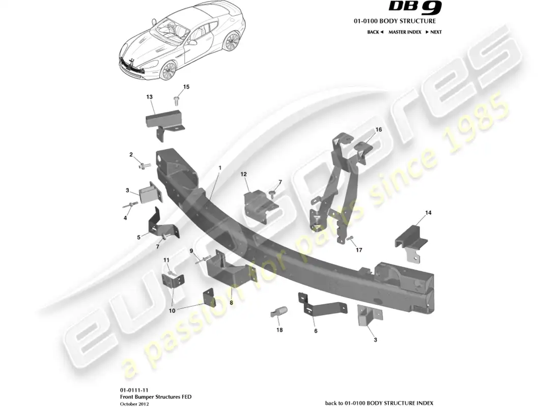 aston martin db9 (2014) estructura del parachoques delantero, federal diagrama de piezas