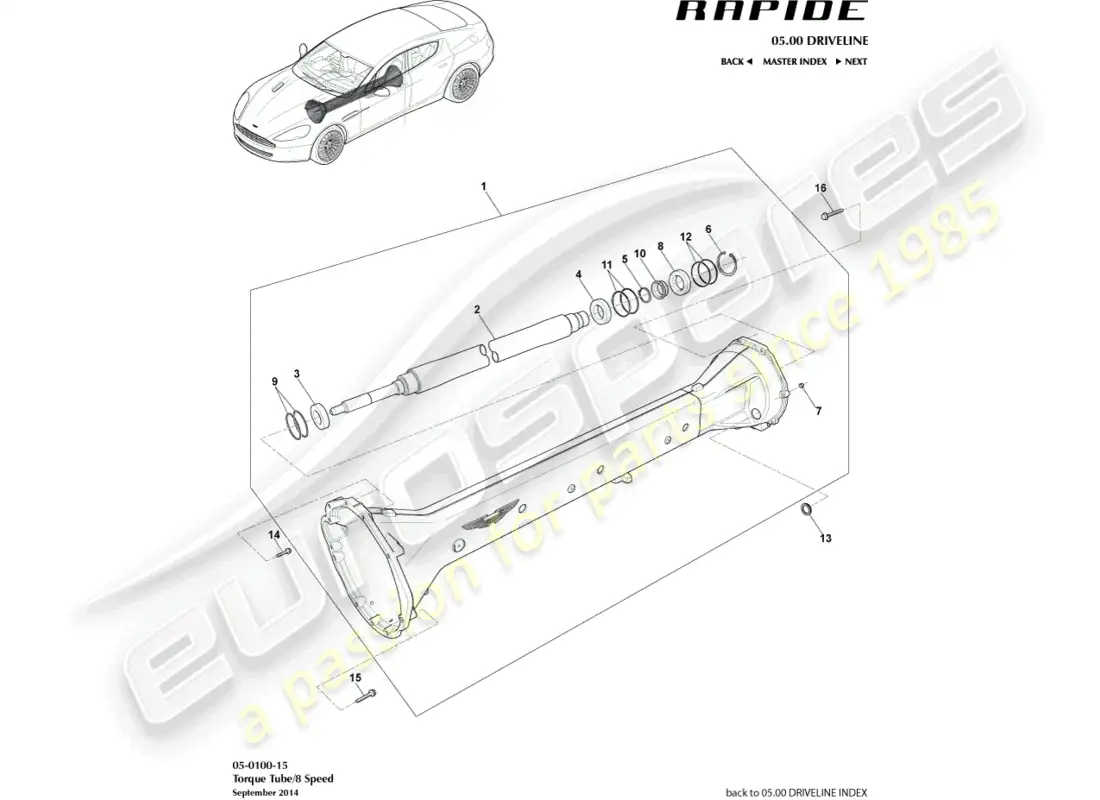 aston martin rapide (2016) conjunto de tubo de torsión, 8 velocidad diagrama de piezas