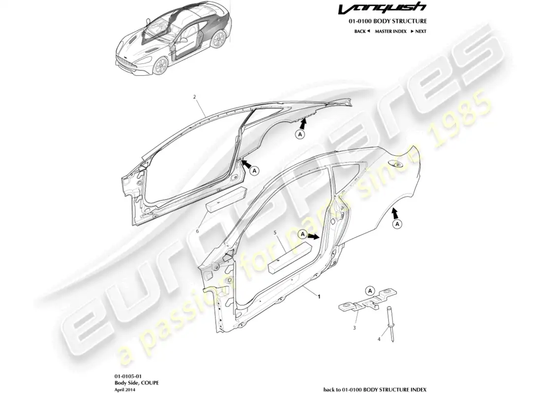 aston martin vanquish (2016) diagrama de piezas del lado de la carrocería, cupé