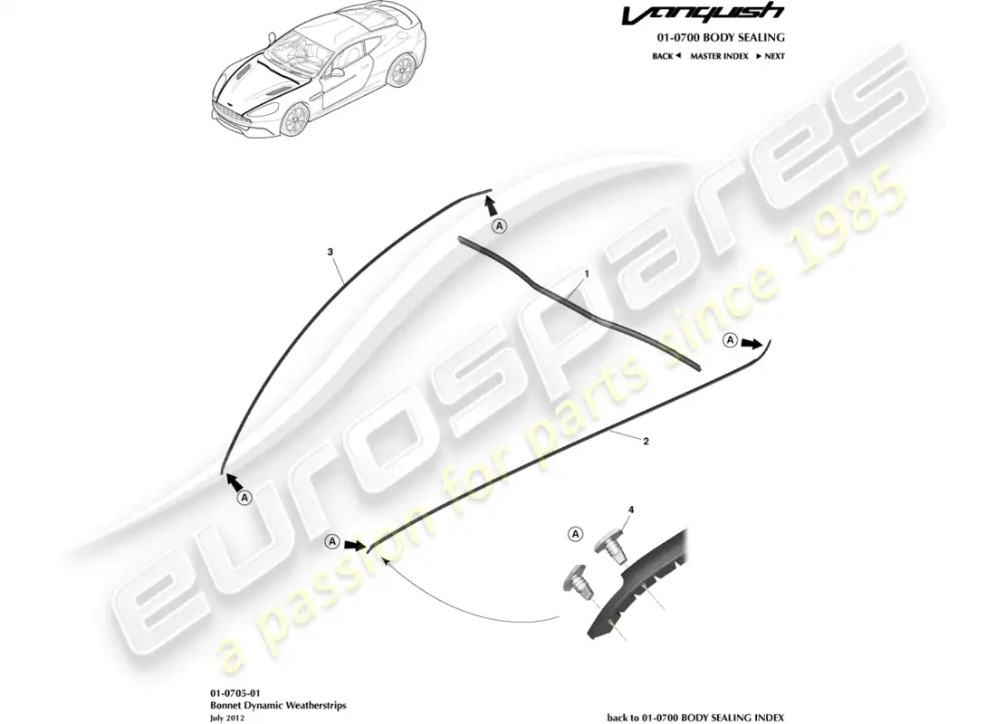 aston martin vanquish (2017) burletes del capó diagrama de piezas