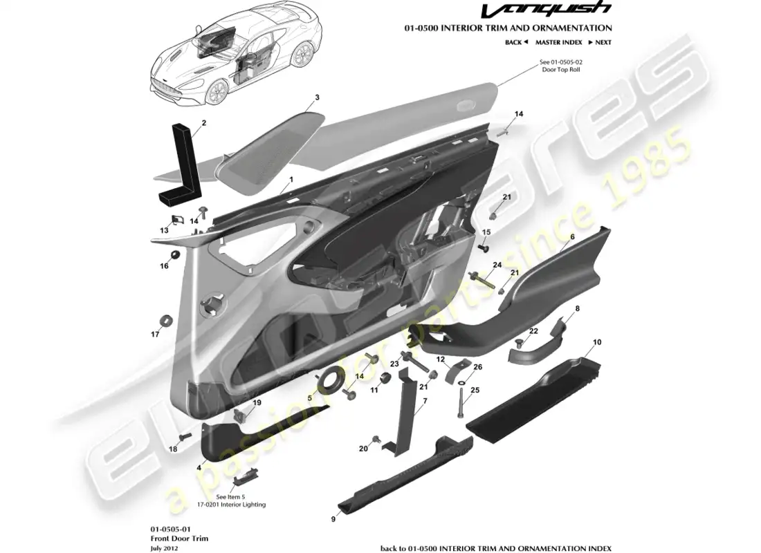 aston martin vanquish (2015) panel de ajuste de la puerta delantera diagrama de piezas