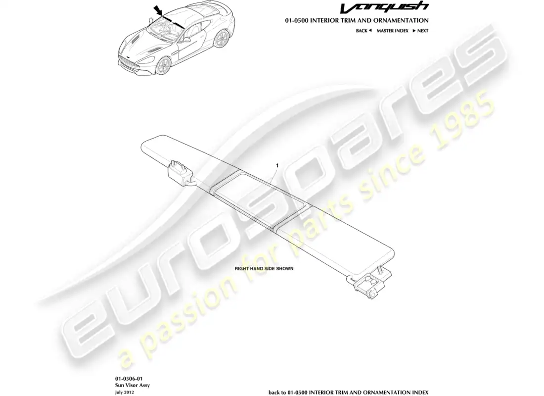 aston martin vanquish (2015) viseras de sol diagrama de piezas