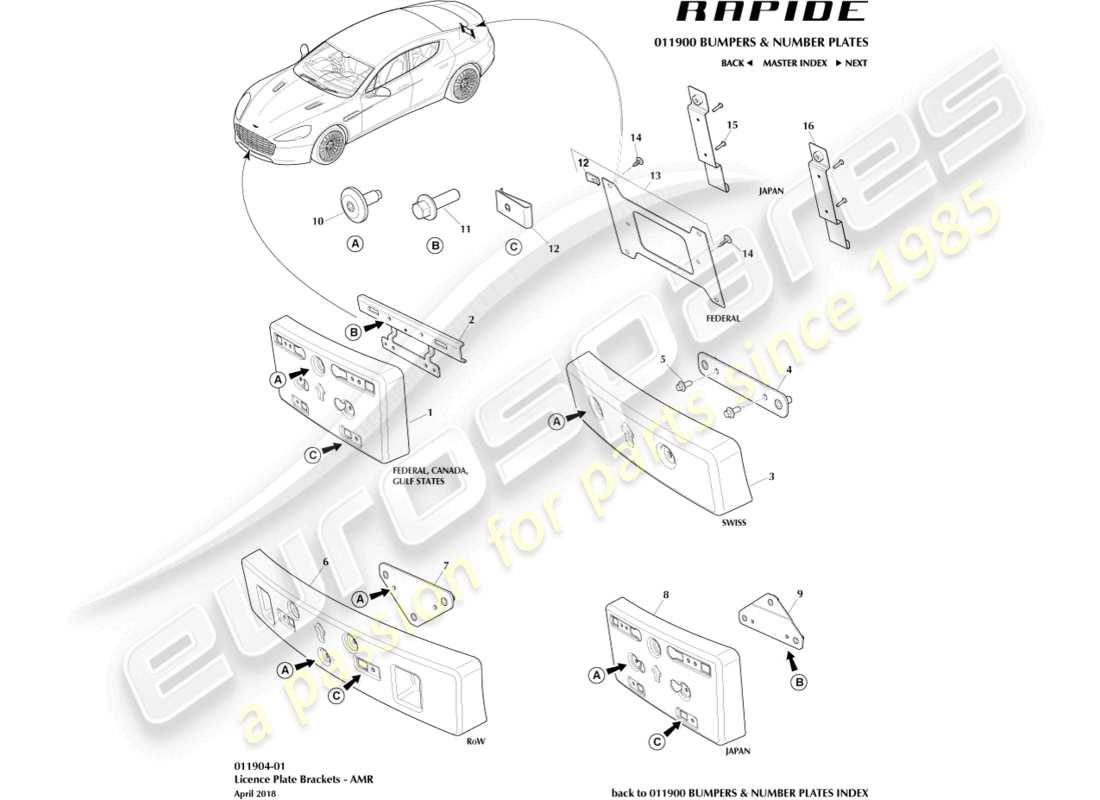 aston martin rapide (2010) zócalos de matrícula, diagrama de piezas amr