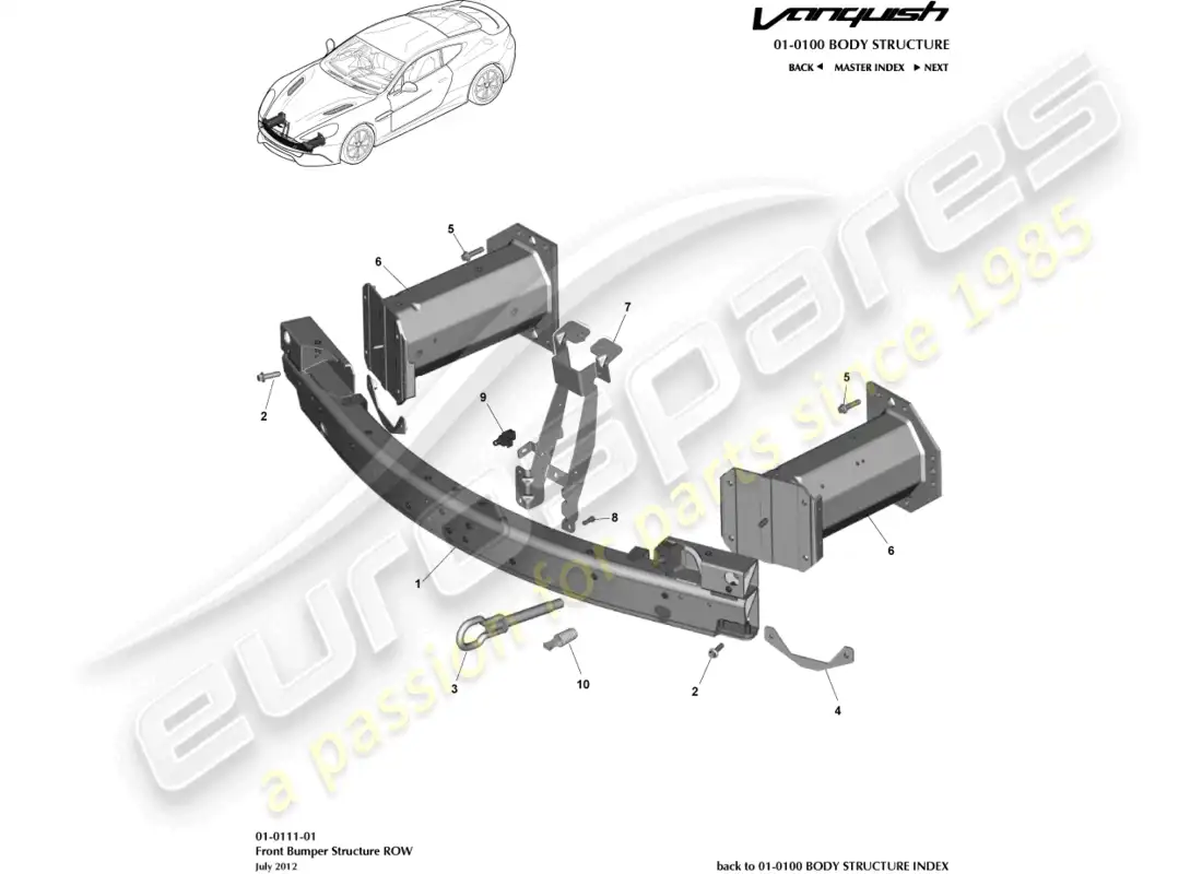 aston martin vanquish (2015) estructura del parachoques delantero, derecho de vía diagrama de piezas