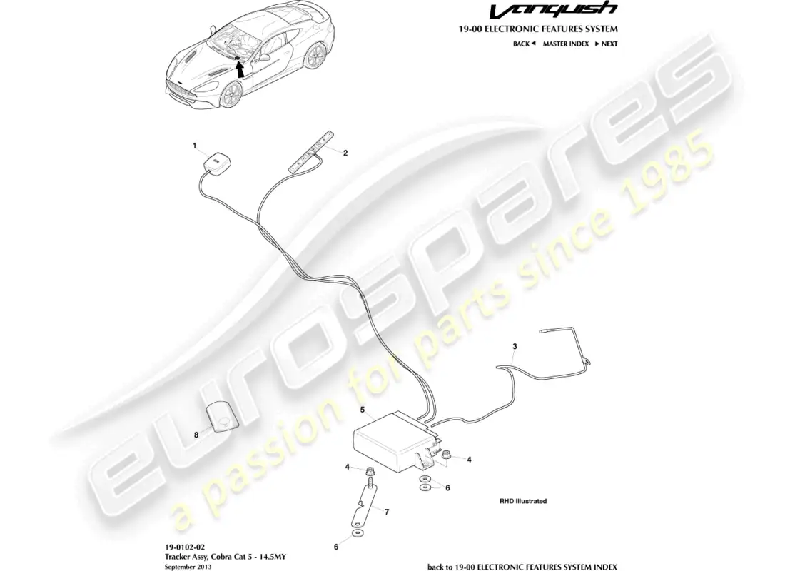 aston martin vanquish (2017) cat-5 rastreador, 14.5my diagrama de piezas