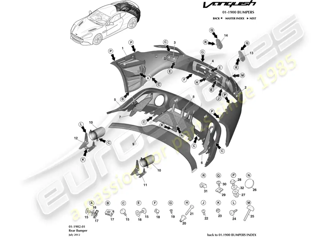 aston martin vanquish (2018) parachoques trasero diagrama de piezas