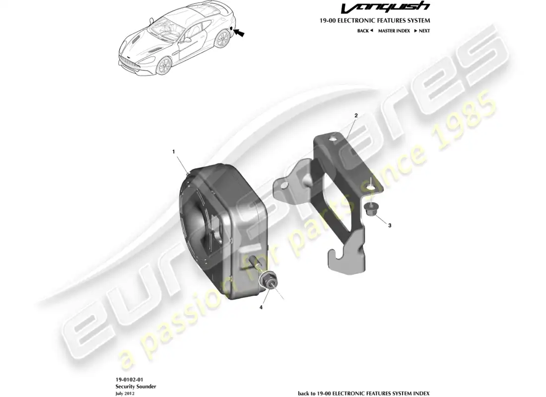 aston martin vanquish (2015) bocinas y sirenas de alarma diagrama de piezas