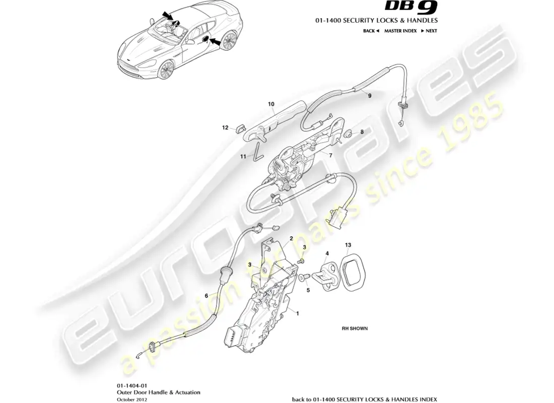 aston martin db9 (2016) manijas exteriores y accionamiento diagrama de piezas