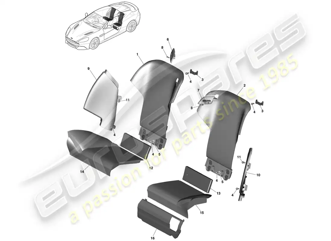 aston martin vanquish (2014) asientos traseros, cupé diagrama de piezas