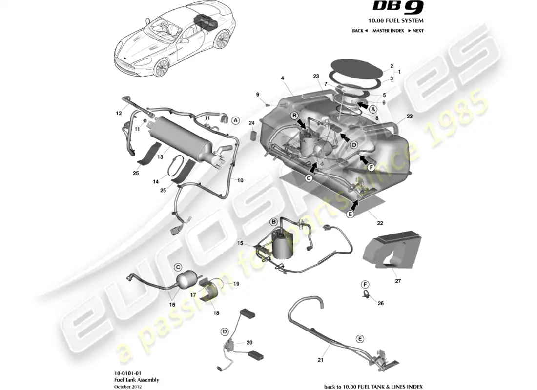 aston martin db9 (2016) conjunto del tanque de combustible diagrama de piezas