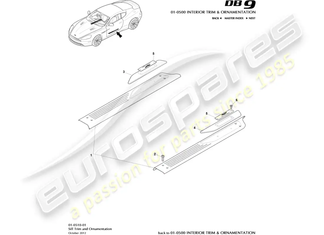 aston martin db9 (2017) adornos y ornamentación del alféizar diagrama de piezas