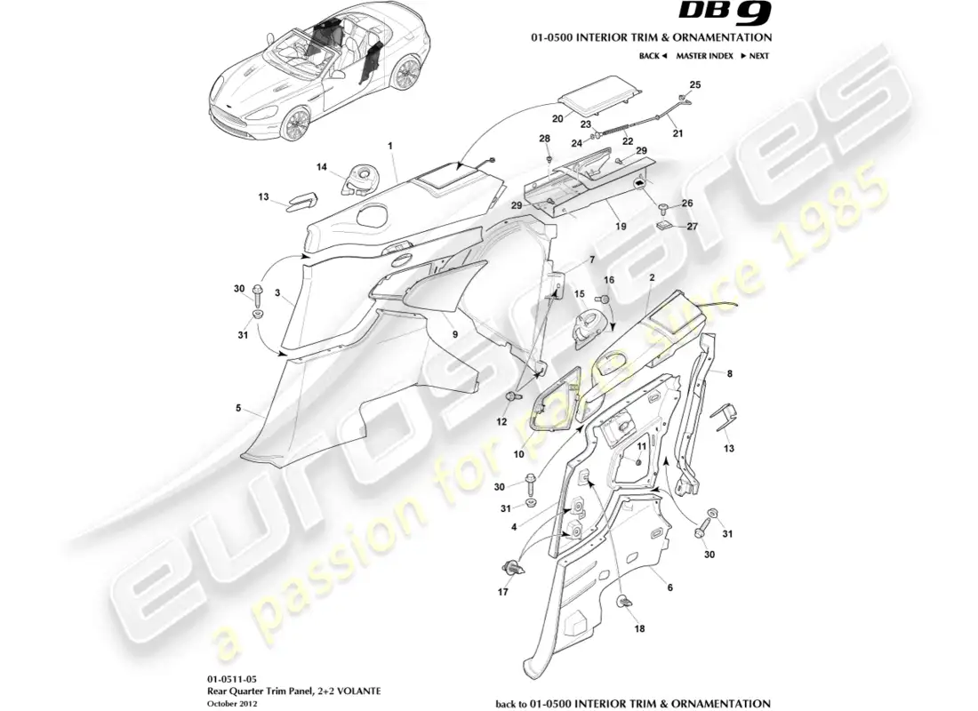 aston martin db9 (2017) panel embellecedor del cuarto trasero, 2+2 volante diagrama de piezas