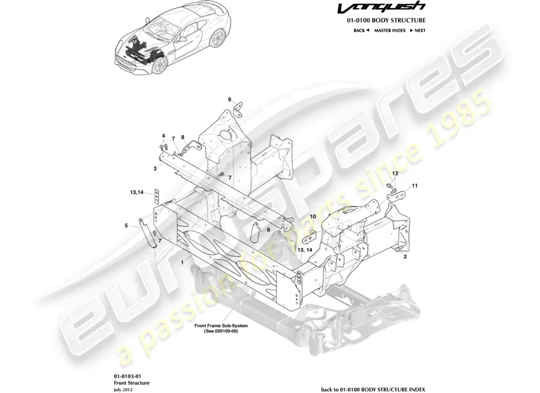 aston martin vanquish (2016) estructura frontal diagrama de piezas