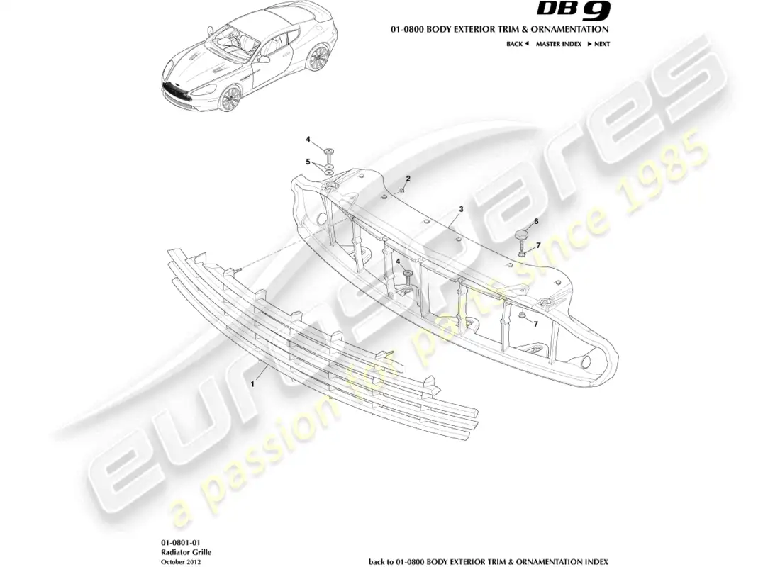 aston martin db9 (2013) rejilla del radiador diagrama de piezas