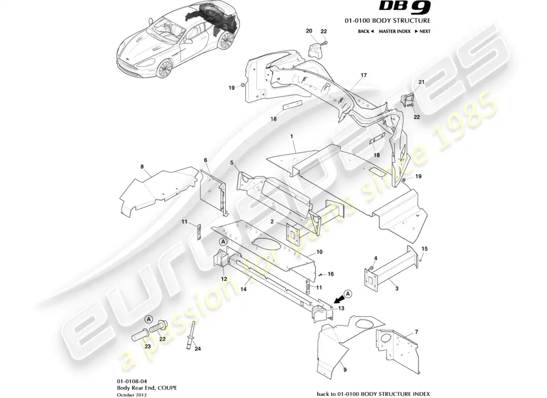 aston martin db9 (2016) parte trasera de la carrocería, coupé diagrama de piezas