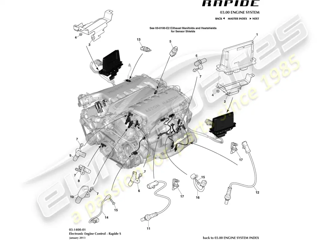 aston martin rapide (2014) control electrónico del motor diagrama de piezas
