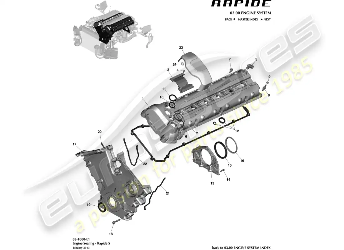 aston martin rapide (2010) diagrama de piezas de sellado del motor