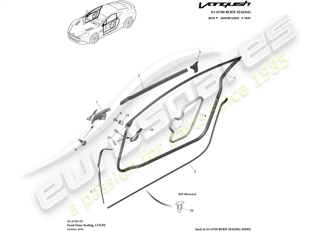 aston martin vanquish (2017) burletes para puertas, coupé diagrama de piezas