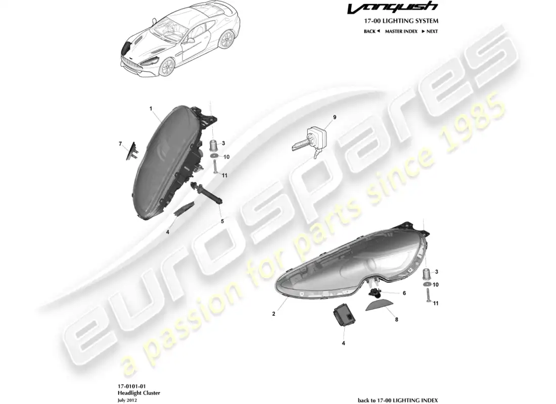 aston martin vanquish (2017) faros diagrama de piezas