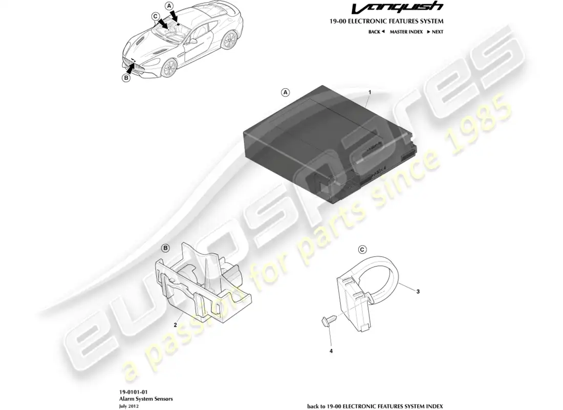 aston martin vanquish (2017) sensores de alarma diagrama de piezas