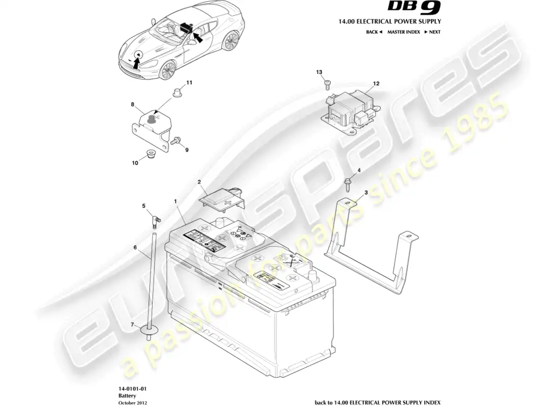 aston martin db9 (2015) batería diagrama de piezas