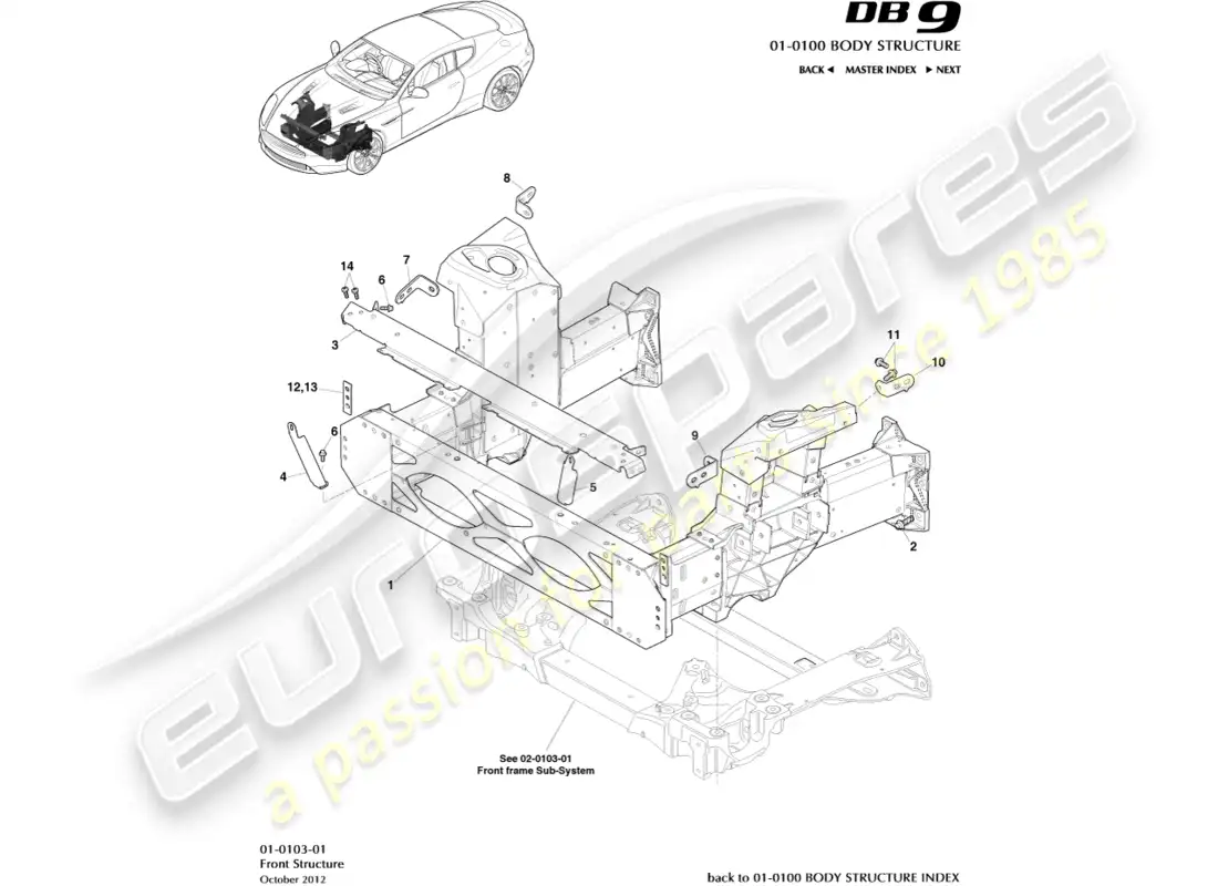 aston martin db9 (2016) estructura frontal diagrama de piezas