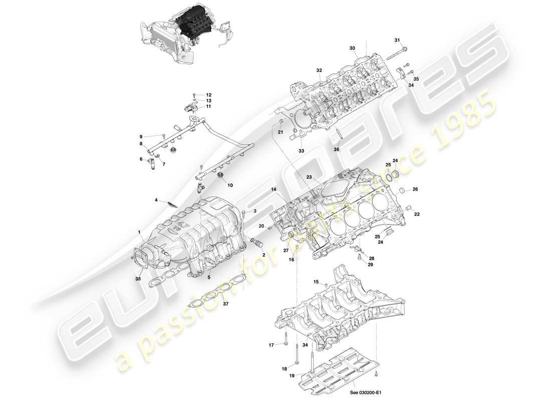 aston martin v8 vantage (2005) diagrama de piezas de la estructura del motor
