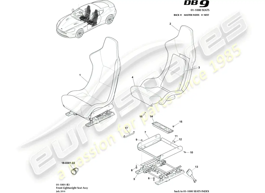 aston martin db9 (2013) asientos delanteros livianos diagrama de piezas
