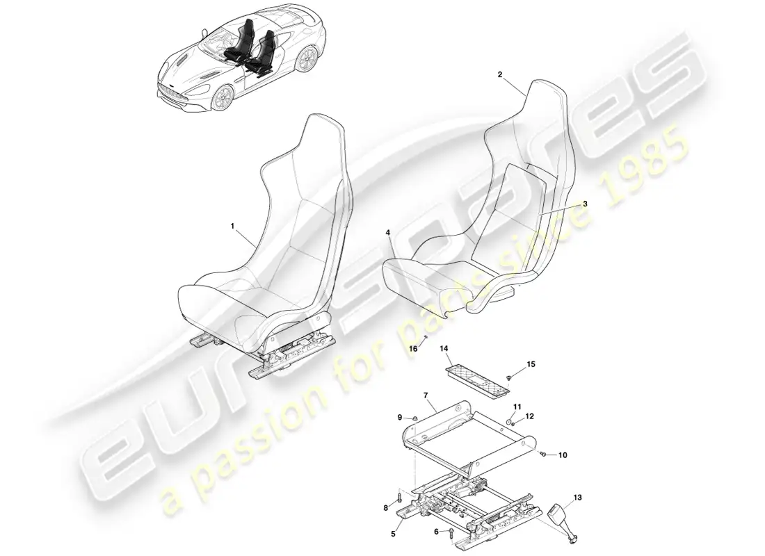 aston martin vanquish (2013) asientos delanteros livianos diagrama de piezas
