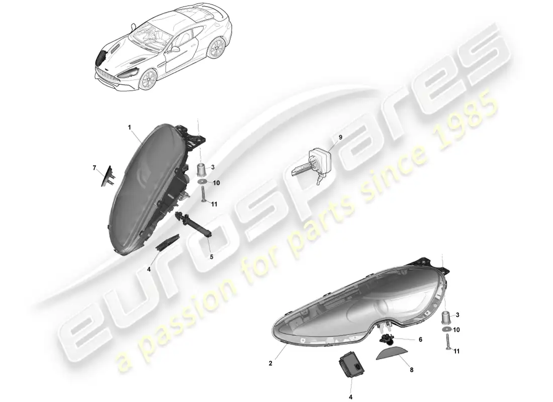 aston martin vanquish (2013) faros diagrama de piezas