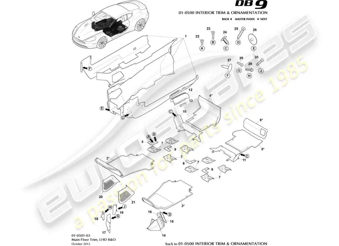 aston martin db9 (2013) moldura del piso principal, lhd, b&o diagrama de piezas