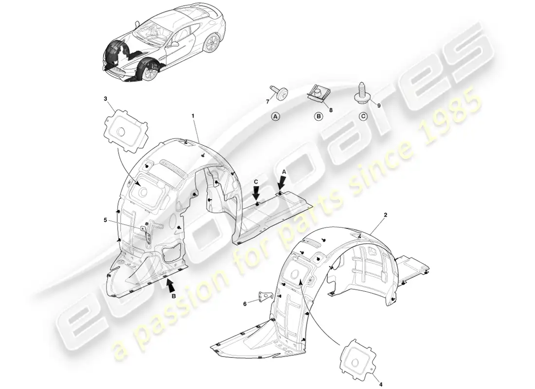 aston martin vanquish (2013) revestimientos de pasos de rueda delantera diagrama de piezas