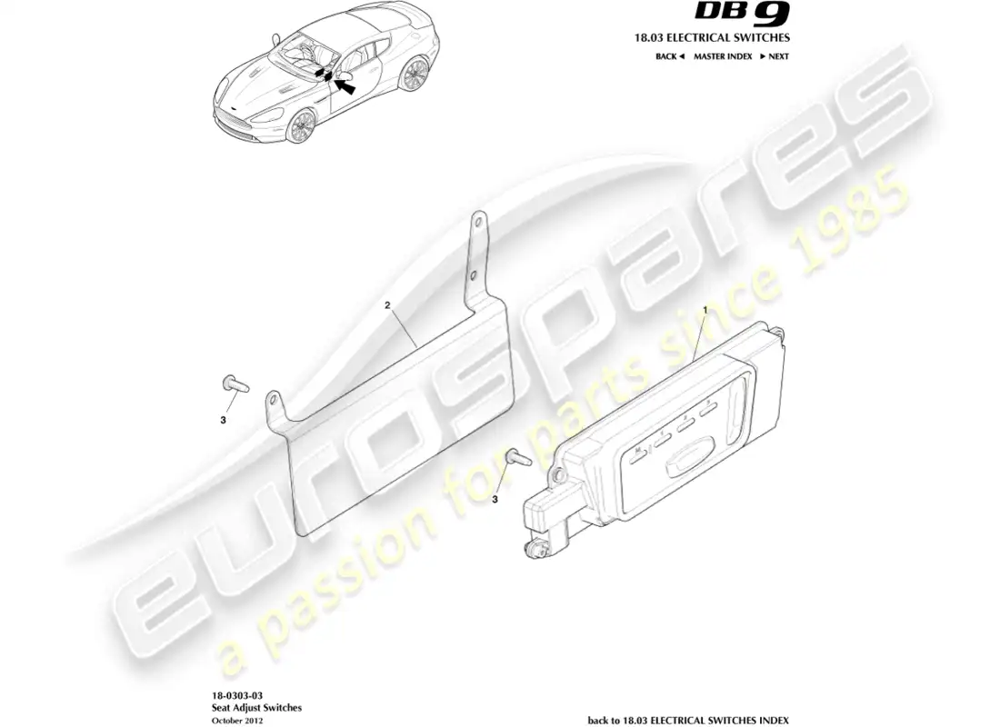 aston martin db9 (2016) interruptores de ajuste del asiento diagrama de piezas