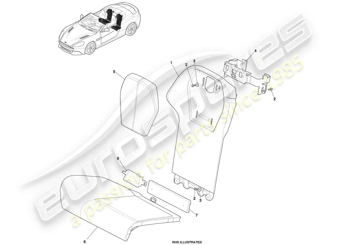 aston martin vanquish (2013) asientos traseros, volante diagrama de piezas