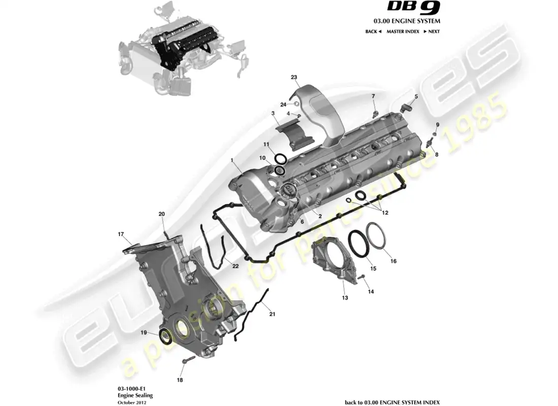aston martin db9 (2016) sellado del motor diagrama de piezas