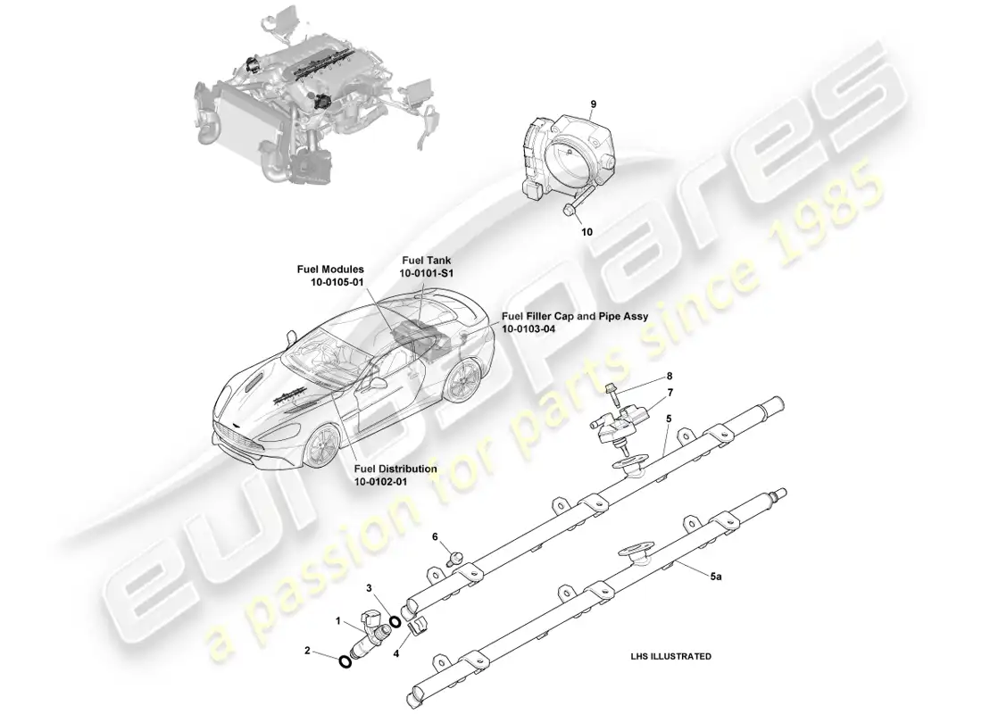 aston martin vanquish (2014) controles y carga de combustible diagrama de piezas