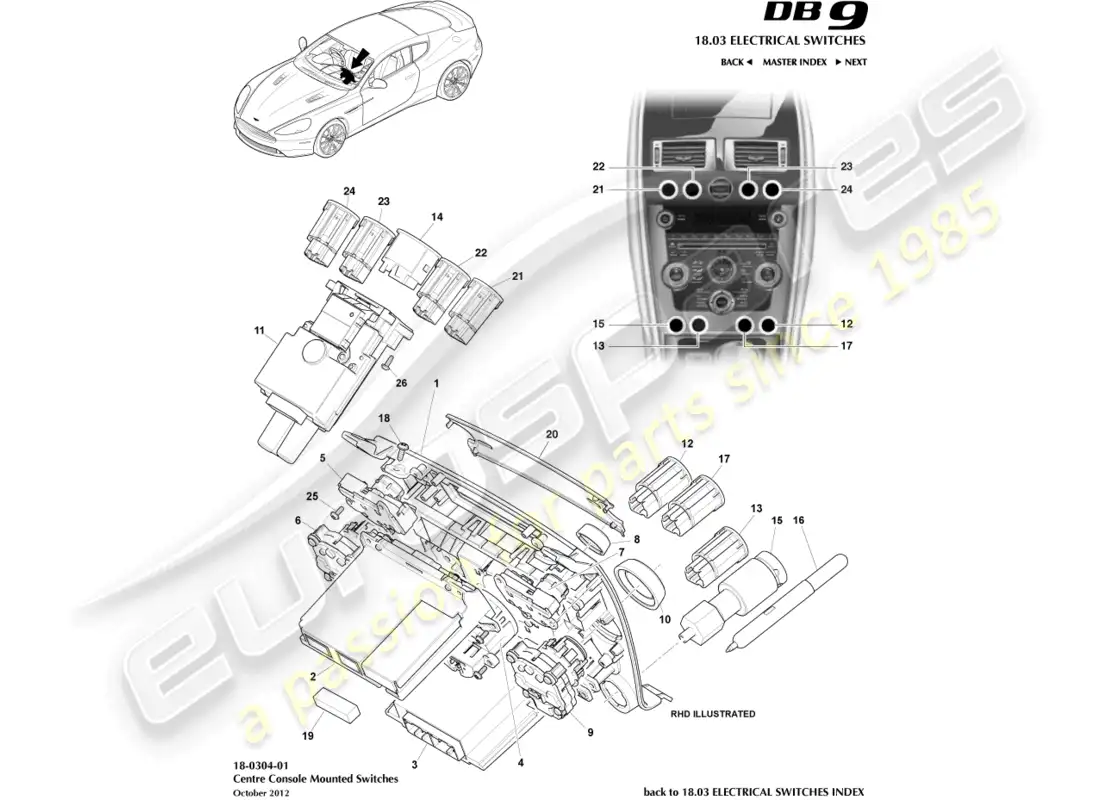 aston martin db9 (2016) interruptores de consola central, a 16my diagrama de piezas